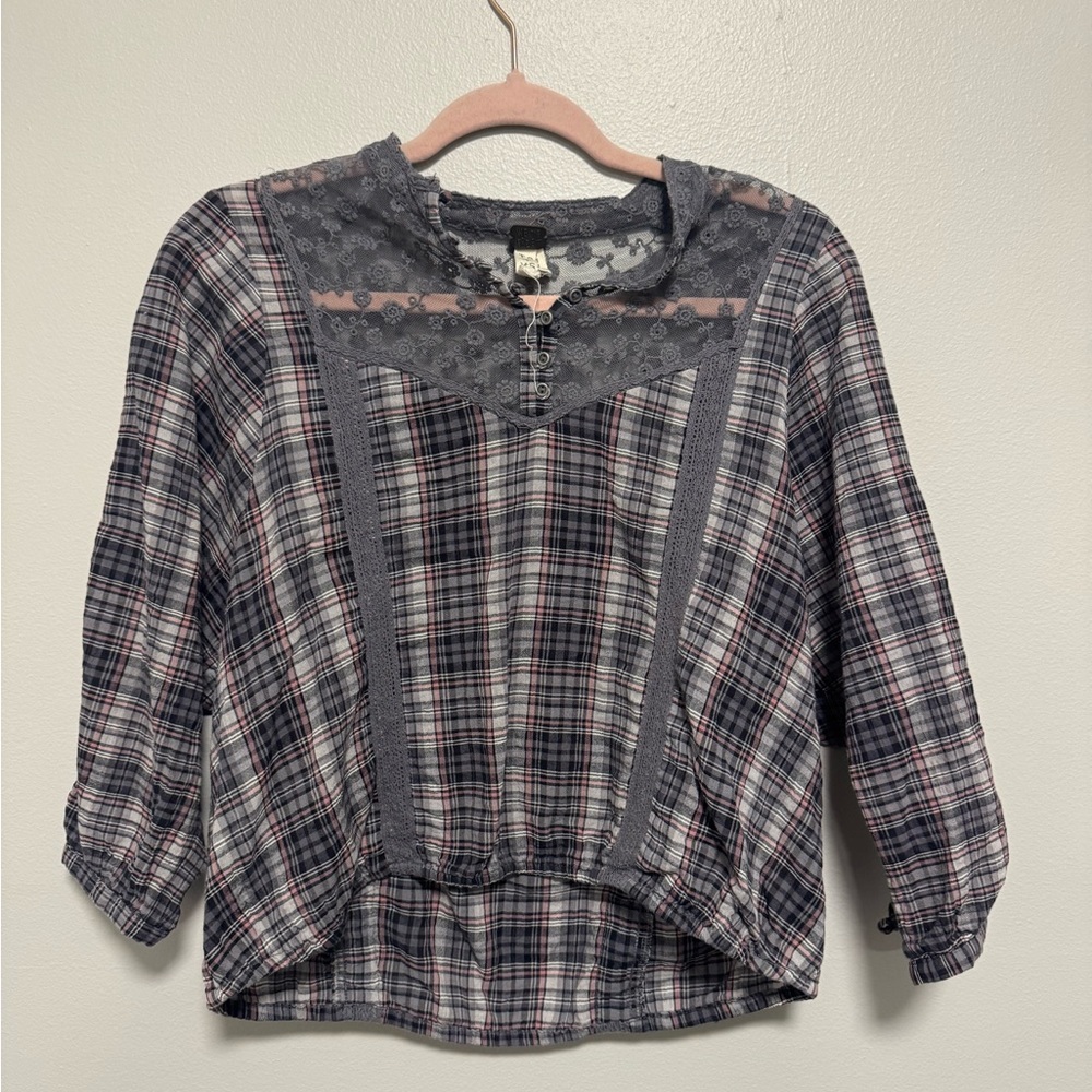 We the Free Plaid and Lace Buttoned Blouse Top